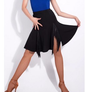 Women girls black tassels latin dance skirts side slit fringe salsa rumba chacha dance costumes for female
